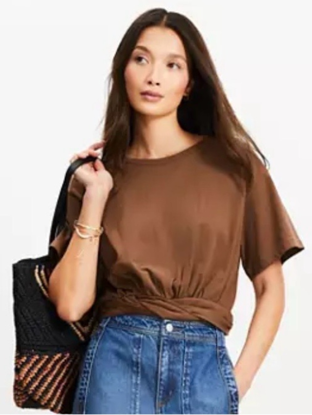 LOFT Brown Twist-Hem Short Sleeve Crop Top. NWT